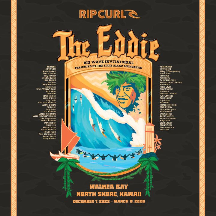 Promotional poster for Rip Curl's The Eddie event with a stylized illustration of a man with dreadlocks and a wave.