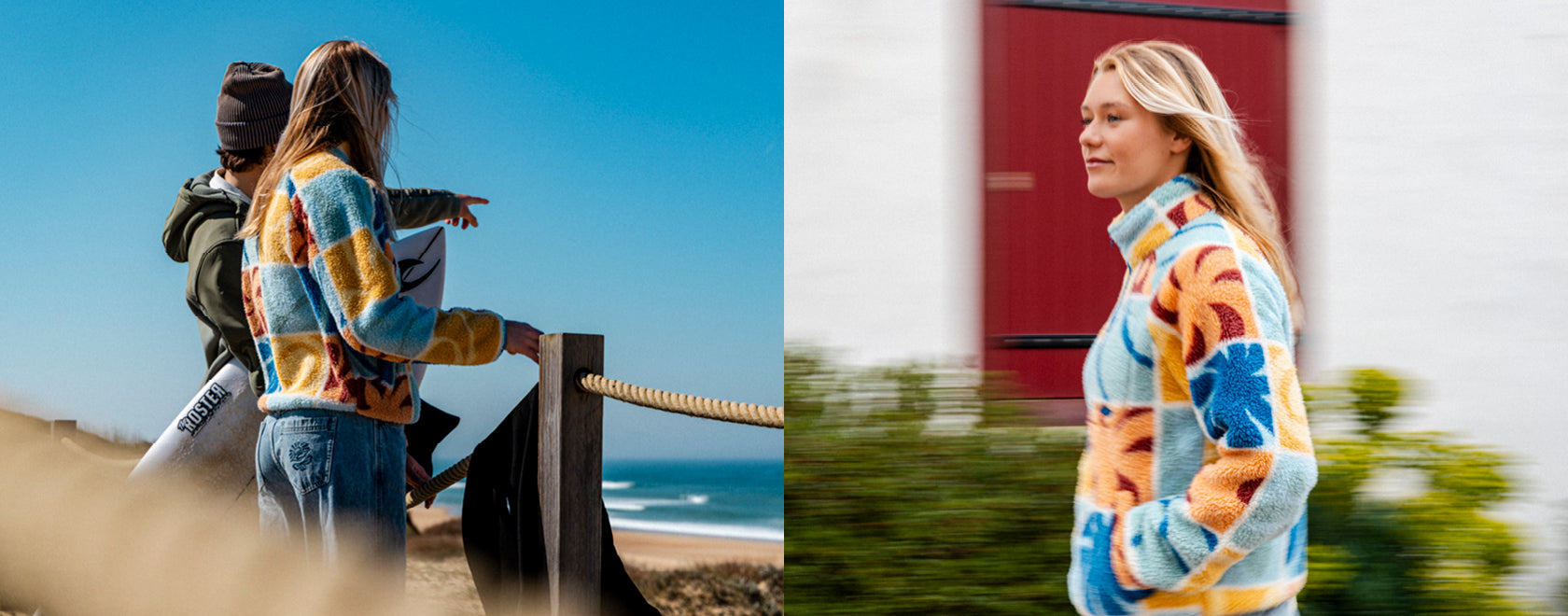 Two people wearing colorful patterned jackets by a beach and indoors.